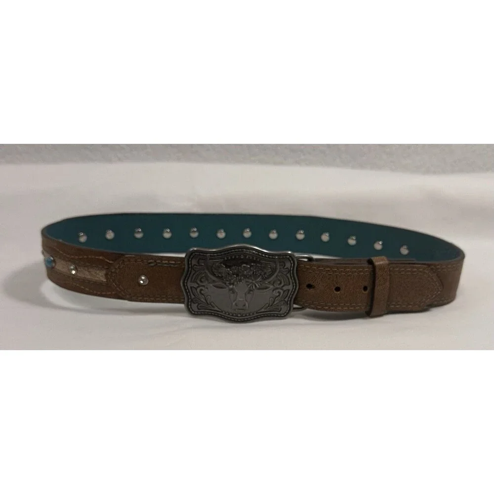 Catchfly Studio Girls Size 24 Western Cow Buckle Brown Blue Studded Belt